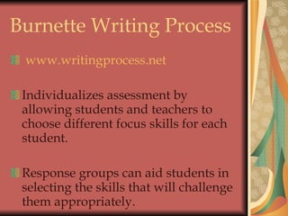 Burnette Writing Process www.writingprocess.net Individualizes assessment by allowing students and teachers to choose different focus skills for each student. Response groups can aid students in selecting the skills that will challenge them appropriately.  