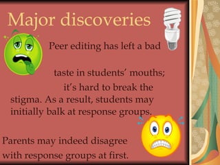 Major discoveries  Peer editing has left a bad  taste in students’ mouths;  it’s hard to break the stigma. As a result, students may initially balk at response groups. Parents may indeed disagree  with response groups at first. 