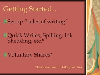 Getting Started… Set up “rules of writing” Quick Writes, Spilling, Ink Shedding, etc.* Voluntary Shares* *Teachers need to take part, too! 