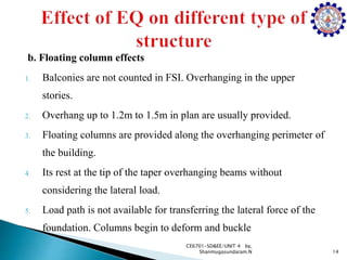 b. Floating column effects
1. Balconies are not counted in FSI. Overhanging in the upper
stories.
2. Overhang up to 1.2m to 1.5m in plan are usually provided.
3. Floating columns are provided along the overhanging perimeter of
the building.
4. Its rest at the tip of the taper overhanging beams without
considering the lateral load.
5. Load path is not available for transferring the lateral force of the
foundation. Columns begin to deform and buckle
14
CE6701-SD&EE/UNIT 4 by,
Shanmugasundaram.N
 