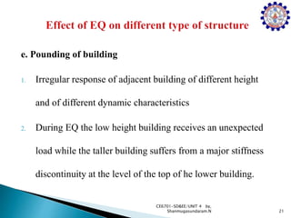 e. Pounding of building
1. Irregular response of adjacent building of different height
and of different dynamic characteristics
2. During EQ the low height building receives an unexpected
load while the taller building suffers from a major stiffness
discontinuity at the level of the top of he lower building.
21
CE6701-SD&EE/UNIT 4 by,
Shanmugasundaram.N
 