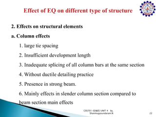 2. Effects on structural elements
a. Column effects
1. large tie spacing
2. Insufficient development length
3. Inadequate splicing of all column bars at the same section
4. Without ductile detailing practice
5. Presence in strong beam.
6. Mainly effects in slender column section compared to
beam section main effects
22
CE6701-SD&EE/UNIT 4 by,
Shanmugasundaram.N
 