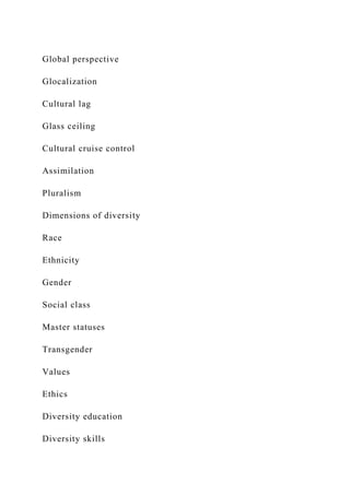 Global perspective
Glocalization
Cultural lag
Glass ceiling
Cultural cruise control
Assimilation
Pluralism
Dimensions of diversity
Race
Ethnicity
Gender
Social class
Master statuses
Transgender
Values
Ethics
Diversity education
Diversity skills
 