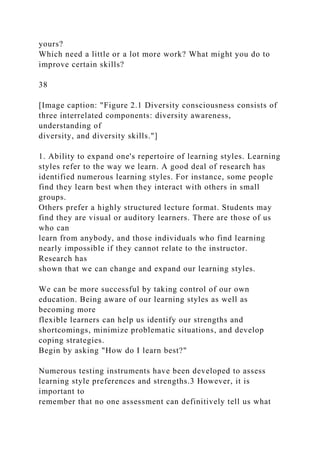 yours?
Which need a little or a lot more work? What might you do to
improve certain skills?
38
[Image caption: "Figure 2.1 Diversity consciousness consists of
three interrelated components: diversity awareness,
understanding of
diversity, and diversity skills."]
1. Ability to expand one's repertoire of learning styles. Learning
styles refer to the way we learn. A good deal of research has
identified numerous learning styles. For instance, some people
find they learn best when they interact with others in small
groups.
Others prefer a highly structured lecture format. Students may
find they are visual or auditory learners. There are those of us
who can
learn from anybody, and those individuals who find learning
nearly impossible if they cannot relate to the instructor.
Research has
shown that we can change and expand our learning styles.
We can be more successful by taking control of our own
education. Being aware of our learning styles as well as
becoming more
flexible learners can help us identify our strengths and
shortcomings, minimize problematic situations, and develop
coping strategies.
Begin by asking "How do I learn best?"
Numerous testing instruments have been developed to assess
learning style preferences and strengths.3 However, it is
important to
remember that no one assessment can definitively tell us what
 