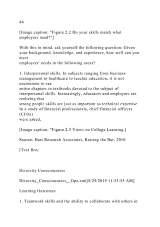 44
[Image caption: "Figure 2.2 Do your skills match what
employers need?"]
With this in mind, ask yourself the following question: Given
your background, knowledge, and experience, how well can you
meet
employers' needs in the following areas?
1. Interpersonal skills. In subjects ranging from business
management to healthcare to teacher education, it is not
uncommon to see
entire chapters in textbooks devoted to the subject of
interpersonal skills. Increasingly, educators and employers are
realizing that
strong people skills are just as important as technical expertise.
In a study of financial professionals, chief financial officers
(CFOs)
were asked,
[Image caption: "Figure 2.3 Views on College Learning.]
Source: Hart Research Associates, Raising the Bar, 2010.
[Text Box:
Diversity Consciousness
Diversity_Consciousness__Ope.xml[8/29/2019 11:53:55 AM]
Learning Outcomes
1. Teamwork skills and the ability to collaborate with others in
 