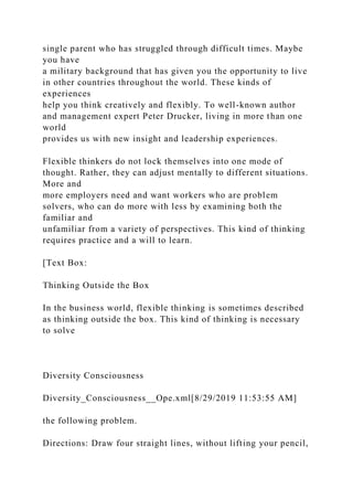 single parent who has struggled through difficult times. Maybe
you have
a military background that has given you the opportunity to live
in other countries throughout the world. These kinds of
experiences
help you think creatively and flexibly. To well-known author
and management expert Peter Drucker, living in more than one
world
provides us with new insight and leadership experiences.
Flexible thinkers do not lock themselves into one mode of
thought. Rather, they can adjust mentally to different situations.
More and
more employers need and want workers who are problem
solvers, who can do more with less by examining both the
familiar and
unfamiliar from a variety of perspectives. This kind of thinking
requires practice and a will to learn.
[Text Box:
Thinking Outside the Box
In the business world, flexible thinking is sometimes described
as thinking outside the box. This kind of thinking is necessary
to solve
Diversity Consciousness
Diversity_Consciousness__Ope.xml[8/29/2019 11:53:55 AM]
the following problem.
Directions: Draw four straight lines, without lifting your pencil,
 
