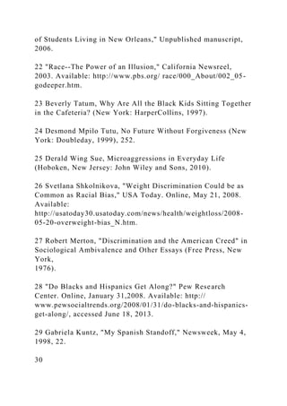 of Students Living in New Orleans," Unpublished manuscript,
2006.
22 "Race--The Power of an Illusion," California Newsreel,
2003. Available: http://www.pbs.org/ race/000_About/002_05-
godeeper.htm.
23 Beverly Tatum, Why Are All the Black Kids Sitting Together
in the Cafeteria? (New York: HarperCollins, 1997).
24 Desmond Mpilo Tutu, No Future Without Forgiveness (New
York: Doubleday, 1999), 252.
25 Derald Wing Sue, Microaggressions in Everyday Life
(Hoboken, New Jersey: John Wiley and Sons, 2010).
26 Svetlana Shkolnikova, "Weight Discrimination Could be as
Common as Racial Bias," USA Today. Online, May 21, 2008.
Available:
http://usatoday30.usatoday.com/news/health/weightloss/2008-
05-20-overweight-bias_N.htm.
27 Robert Merton, "Discrimination and the American Creed" in
Sociological Ambivalence and Other Essays (Free Press, New
York,
1976).
28 "Do Blacks and Hispanics Get Along?" Pew Research
Center. Online, January 31,2008. Available: http://
www.pewsocialtrends.org/2008/01/31/do-blacks-and-hispanics-
get-along/, accessed June 18, 2013.
29 Gabriela Kuntz, "My Spanish Standoff," Newsweek, May 4,
1998, 22.
30
 