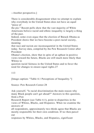 --Another perspective.]
There is considerable disagreement when we attempt to explain
why everybody in the United States does not have an equal
"piece of
the pie." Recent polls show that the vast majority of White
Americans believe racial and ethnic inequality is largely a thing
of the past.
Indeed, some even argue that the election of Barack Obama as
President shows that we have become a post-racial society,
meaning
that race and racism are inconsequential in the United States
today. Survey data, compiled by the Pew Research Center after
President
Obama's election, show that in spite of an upbeat in positive
views toward the future, Blacks are still much more likely than
Whites to
question racial fairness in the United States and to favor the
need for changes to ensure equal rights.27
113
[Image caption: "Table 4.1 Perceptions of Inequality."]
Source: Pew Research Center.28
Ask yourself, "Is racial discrimination the main reason why
many Black people can't get ahead?" Answers to this question,
from a Pew
Research Report (see Table 4.1), point to disparities in the
views of Whites, Blacks, and Hispanics. When we examine the
answers of
all respondents, approximately two-thirds agree that Blacks are
mostly responsible for their own condition. If we then parcel
out
responses by Whites, Blacks, and Hispanics, significant
 