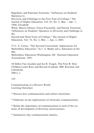 Hagedorn, and Patrickm Terenzini, "Influences on Students'
Openness to
Diversity and Challenge in the First Year of College," The
Journal of Higher Education, Vol. 67, No. 2, Mar. - Apr. 1,
1996; Elizabeth
Whitt, Marcia Edison, Ernest Pascarella, and Patrick Terenzini,
"Influences on Students' Openness to Diversity and Challenge in
the
Second and Third Years of College," The Journal of Higher
Education, Vol. 72, No. 2, Mar. -- Apr. 2, 2001.
37 C. E. Cortes, "The Societal Curriculum: Implications for
Multiethnic Education." In J. A. Banks (ed.), Education in the
80s:
Multiethnic Education (Washington, DC: National Education
Association), 1981.
38 Debra Van Ausdale and Joe R. Feagin, The First R: How
Children Learn Race and Racism (Lanham, MD: Rowman and
Littlefield,
2001), 1.
125
Communicating in a Diverse World
Learning Outcomes
* Discuss how communication and culture interrelate.
* Elaborate on the implications of electronic communication.
* Relate the importance of communication to each of the six
areas of development of diversity consciousness.
* Summarize why communication matters..
 