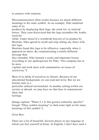 to connect with someone.
Miscommunication often results because we attach different
meanings to the same symbol. As an example, Nike marketed
some of its
products by displaying their logo, the word Air, in stylized
letters. They soon discovered that the logo resembles the Arabic
word for
Allah. Under threat'of a worldwide boycott of its product by
Muslims, Nike agreed to recall and stop selling any shoes with
this logo.
Muslims found this logo to be offensive, especially when it
appeared on shoes. By communicating a totally different
message than
they intended, Nike learned a costly and important lesson.
According to one spokesperson for Nike, "Our company has to
be more
vigilant and work more with communities on issues of
sensitivity."2
Most of us think of ourselves as literate. Because of our
educational background, we can read and write. But we are
literate only in a
particular cultural environment. In another setting within our
society or abroad, we may have no idea how to communicate
ideas and
feelings.
[Image caption: "Photo 5.1 Is this gesture culturally specific?
Google "Okay symbol meaning" to shed some light on the many
meanings of this symbol."]
[Text Box:
There are a lot of beautiful, favorite places in any language in
which you feel yourself at home. In English, I don't have such a
 