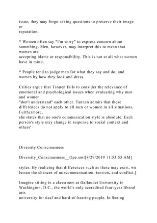 issue, they may forgo asking questions to preserve their image
or
reputation.
* Women often say "I'm sorry" to express concern about
something. Men, however, may interpret this to mean that
women are
accepting blame or responsibility. This is not at all what women
have in mind.
* People tend to judge men for what they say and do, and
women by how they look and dress.
Critics argue that Tannen fails to consider the relevance of
emotional and psychological issues when evaluating why men
and women
"don't understand" each other. Tannen admits that these
differences do not apply to all men or women in all situations.
Furthermore,
she states that no one's communication style is absolute. Each
person's style may change in response to social context and
others'
Diversity Consciousness
Diversity_Consciousness__Ope.xml[8/29/2019 11:53:55 AM]
styles. By realizing that differences such as these may exist, we
lessen the chances of miscommunication, tension, and conflict.]
Imagine sitting in a classroom at Gallaudet University in
Washington, D.C., the world's only accredited four-year liberal
arts
university for deaf and hard-of-hearing people. In Seeing
 