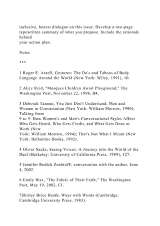inclusive, honest dialogue on this issue. Develop a two-page
typewritten summary of what you propose. Include the rationale
behind
your action plan.
Notes
***
1 Roger E. Axtell, Gestures: The Do's and Taboos of Body
Language Around the World (New York: Wiley, 1991), 10.
2 Alice Reid, "Mosques Children Await Playground," The
Washington Post, November 22, 1998, B4.
3 Deborah Tannen, You Just Don't Understand: Men and
Women in Conversation (New York: William Morrow, 1990);
Talking from
9 to 5: How Women's and Men's Conversational Styles Affect
Who Gets Heard, Who Gets Credit, and What Gets Done at
Work (New
York: William Morrow, 1994); That's Not What I Meant (New
York: Ballantine Books, 1992).
4 Oliver Sacks, Seeing Voices: A Journey into the World of the
Deaf (Berkeley: University of California Press, 1989), 127.
5 Jennifer Rudick ZunikofF, conversation with the author, June
4, 2002.
6 Emily Wax, "The Fabric of Their Faith," The Washington
Post, May 19, 2002, CI.
7Shirley Brice Heath, Ways with Words (Cambridge:
Cambridge University Press, 1983).
 