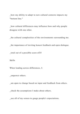 _how my ability to adapt to new cultural contexts impacts my
"bottom line."
_how cultural differences may influence how and why people
disagree with one other.
_the cultural complexities of the environments surrounding me.
_the importance of inviting honest feedback and open dialogue.
_total out of a possible score of35
Skills
When leading across differences, I:
_empower others.
_am open to change based on input and feedback from others.
_check the assumptions I make about others.
_use all of my senses to gauge people's expectations.
 