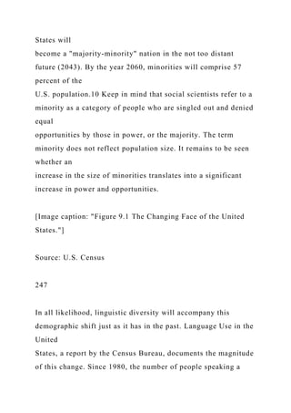 States will
become a "majority-minority" nation in the not too distant
future (2043). By the year 2060, minorities will comprise 57
percent of the
U.S. population.10 Keep in mind that social scientists refer to a
minority as a category of people who are singled out and denied
equal
opportunities by those in power, or the majority. The term
minority does not reflect population size. It remains to be seen
whether an
increase in the size of minorities translates into a significant
increase in power and opportunities.
[Image caption: "Figure 9.1 The Changing Face of the United
States."]
Source: U.S. Census
247
In all likelihood, linguistic diversity will accompany this
demographic shift just as it has in the past. Language Use in the
United
States, a report by the Census Bureau, documents the magnitude
of this change. Since 1980, the number of people speaking a
 