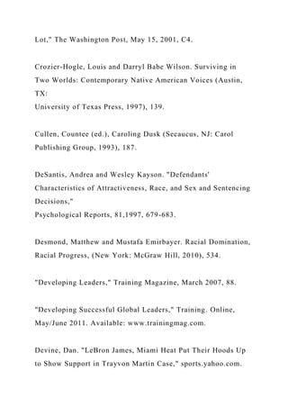 Lot," The Washington Post, May 15, 2001, C4.
Crozier-Hogle, Louis and Darryl Babe Wilson. Surviving in
Two Worlds: Contemporary Native American Voices (Austin,
TX:
University of Texas Press, 1997), 139.
Cullen, Countee (ed.), Caroling Dusk (Secaucus, NJ: Carol
Publishing Group, 1993), 187.
DeSantis, Andrea and Wesley Kayson. "Defendants'
Characteristics of Attractiveness, Race, and Sex and Sentencing
Decisions,"
Psychological Reports, 81,1997, 679-683.
Desmond, Matthew and Mustafa Emirbayer. Racial Domination,
Racial Progress, (New York: McGraw Hill, 2010), 534.
"Developing Leaders," Training Magazine, March 2007, 88.
"Developing Successful Global Leaders," Training. Online,
May/June 2011. Available: www.trainingmag.com.
Devine, Dan. "LeBron James, Miami Heat Put Their Hoods Up
to Show Support in Trayvon Martin Case," sports.yahoo.com.
 