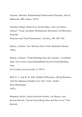 Guerney, Bernard. Relationship Enhancement Program, 2nd ed.
(Bethesda, MD: Ideals, 1997).
Guimera, Roger, Brian Uzzi, Jarrett Spiro, and Luis Nunes
Amaral. "Team Assembly Mechanisms Determine Collaboration
Network
Structure and Team Peformance," Science, 308: 697-702.
Hacker, Andrew. Two Nations (New York: Ballantine Books,
1995).
Hacker, Colleen. "Team-Building Tips for Coaches." Available:
http://www.active.com/mindandbody/articles/Team-Building-
Tips-
for-Coaches (accessed Jan. 8, 2013).
Hall, E. T. and M. R. Hall. Hidden Differences: Doing Business
with the Japanese (Garden City, New York: Anchor
Press/Doubleday,
1987).
Hampton, Keith, Lauren Sessions Goulet, Lee Rainie, and
Kristen Purcell. "Social Networking Sites and Our Lives," Pew
Internet.
 