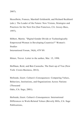 2007).
Hesselbein, Frances, Marshall Goldsmith, and Richard Beckhard
(eds.). The Leader of the Future: New Visions, Strategies and
Practices for the Next Era (San Francisco, CA: Jossey-Bass,
1997).
Hilbert, Martin. "Digital Gender Divide or Technologically
Empowered Women in Developing Countries?" Women's
Studies
International Forum, 34(6), 479^89.
Hitner, Trevor. Letter to the author, Mar. 15, 1998.
Hoffman, Reid, and Ben Casnocha. The Start-up of You (New
York: Crown Business, 2012).
Hofstede, Geert. Culture's Consequences: Comparing Values,
Behaviors, Institutions, and Organizations Across Nations
(Thousand
Oaks, CA: Sage, 2001).
Hofstede, Geert. Culture's Consequences: International
Differences in Work-Related Values (Beverly Hills, CA: Sage
Publications,
 