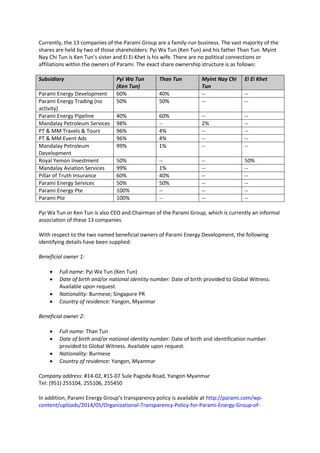 Currently, the 13 companies of the Parami Group are a family-run business. The vast majority of the
shares are held by two of those shareholders: Pyi Wa Tun (Ken Tun) and his father Than Tun. Myint
Nay Chi Tun is Ken Tun’s sister and Ei Ei Khet is his wife. There are no political connections or
affiliations within the owners of Parami. The exact share ownership structure is as follows:
Subsidiary Pyi Wa Tun
(Ken Tun)
Than Tun Myint Nay Chi
Tun
Ei Ei Khet
Parami Energy Development 60% 40% -- --
Parami Energy Trading (no
activity)
50% 50% -- --
Parami Energy Pipeline 40% 60% -- --
Mandalay Petroleum Services 98% -- 2% --
PT & MM Travels & Tours 96% 4% -- --
PT & MM Event Ads 96% 4% -- --
Mandalay Petroleum
Development
99% 1% -- --
Royal Yemon Investment 50% -- -- 50%
Mandalay Aviation Services 99% 1% -- --
Pillar of Truth Insurance 60% 40% -- --
Parami Energy Services 50% 50% -- --
Parami Energy Pte 100% -- -- --
Parami Pte 100% -- -- --
Pyi Wa Tun or Ken Tun is also CEO and Chairman of the Parami Group, which is currently an informal
association of these 13 companies.
With respect to the two named beneficial owners of Parami Energy Development, the following
identifying details have been supplied:
Beneficial owner 1:
 Full name: Pyi Wa Tun (Ken Tun)
 Date of birth and/or national identity number: Date of birth provided to Global Witness.
Available upon request.
 Nationality: Burmese; Singapore PR
 Country of residence: Yangon, Myanmar
Beneficial owner 2:
 Full name: Than Tun
 Date of birth and/or national identity number: Date of birth and identification number
provided to Global Witness. Available upon request.
 Nationality: Burmese
 Country of residence: Yangon, Myanmar
Company address: #14-02, #15-07 Sule Pagoda Road, Yangon Myanmar
Tel: (951) 255104, 255106, 255450
In addition, Parami Energy Group’s transparency policy is available at http://parami.com/wp-
content/uploads/2014/05/Organizational-Transparency-Policy-for-Parami-Energy-Group-of-
 