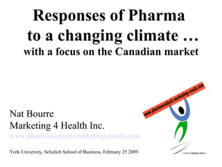 Responses of Pharma   to a changing climate … with a focus on the Canadian market Nat Bourre Marketing 4 Health Inc. www.pharmaceutical-marketing-coach.com York University, Schulich School of Business, February 25 2009 