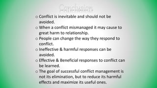 o Conflict is inevitable and should not be
avoided.
o When a conflict mismanaged it may cause to
great harm to relationship.
o People can change the way they respond to
conflict.
o Ineffective & harmful responses can be
avoided.
o Effective & Beneficial responses to conflict can
be learned.
o The goal of successful conflict management is
not its elimination, but to reduce its harmful
effects and maximize its useful ones.
 