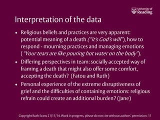 Interpretation of the data
• Religious beliefs and practices are very apparent:
potential meaning of a death (“it's God’s will”), how to
respond - mourning practices and managing emotions
(“Your tears are like pouring hot water on the body”).
• Differing perspectives in team: socially accepted way of
framing a death that might also offer some comfort,
accepting the death? (Fatou and Ruth)
• Personal experience of the extreme disruptiveness of
grief and the difficulties of containing emotions: religious
refrain could create an additional burden? (Jane)
Copyright Ruth Evans 21/11/14. Work in progress, please do not cite without authors’ permission. 11
 