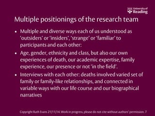 Multiple positionings of the research team
• Multiple and diverse ways each of us understood as
‘outsiders’ or ‘insiders’, ‘strange’ or ‘familiar’ to
participants and each other:
• Age, gender, ethnicity and class, but also our own
experiences of death, our academic expertise, family
experience, our presence or not ‘in the field’.
• Interviews with each other: deaths involved varied set of
family or family-like relationships, and connected in
variable ways with our life course and our biographical
narratives
Copyright Ruth Evans 21/11/14. Work in progress, please do not cite without authors’ permission. 7
 