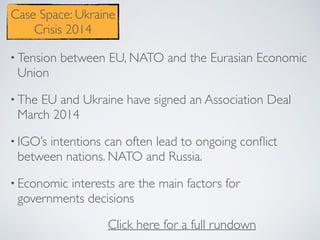 Case Space: Ukraine
Crisis 2014
Click here for a full rundown
• Tension between EU, NATO and the Eurasian Economic
Union
• The EU and Ukraine have signed an Association Deal
March 2014
• IGO’s intentions can often lead to ongoing conﬂict
between nations. NATO and Russia.
• Economic interests are the main factors for
governments decisions
 