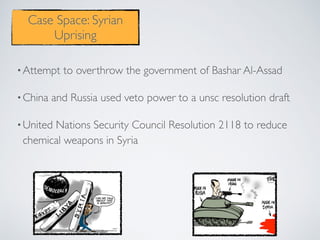 •Attempt to overthrow the government of Bashar Al-Assad
•China and Russia used veto power to a unsc resolution draft
•United Nations Security Council Resolution 2118 to reduce
chemical weapons in Syria
Case Space: Syrian
Uprising
 