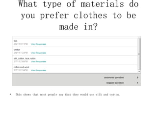 What type of materials do you prefer clothes to be made in? This shows that most people say that they would use silk and cotton. 