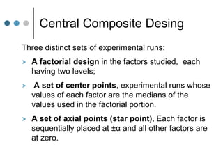 Central Composite Desing
Three distinct sets of experimental runs:
 A factorial design in the factors studied, each
having two levels;
 A set of center points, experimental runs whose
values of each factor are the medians of the
values used in the factorial portion.
 A set of axial points (star point), Each factor is
sequentially placed at ±α and all other factors are
at zero.
 