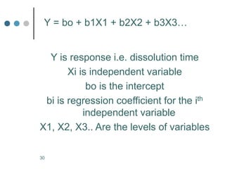 30
Y = bo + b1X1 + b2X2 + b3X3…
Y is response i.e. dissolution time
Xi is independent variable
bo is the intercept
bi is regression coefficient for the ith
independent variable
X1, X2, X3.. Are the levels of variables
 