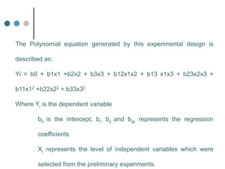 The Polynomial equation generated by this experimental design is
described as:
Yi = b0 + b1x1 +b2x2 + b3x3 + b12x1x2 + b13 x1x3 + b23x2x3 +
b11x12 +b22x22 + b33x32
Where Yi is the dependent variable
b0 is the intercept; bi, bij and bijk represents the regression
coefficients
Xi represents the level of independent variables which were
selected from the preliminary experiments.
 