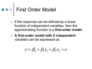 First Order Model
 If the response can be defined by a linear
function of independent variables, then the
approximating function is a first-order model.
 A first-order model with 2 independent
variables can be expressed as
e
x
x
y 


 2
2
1
1
0 


 