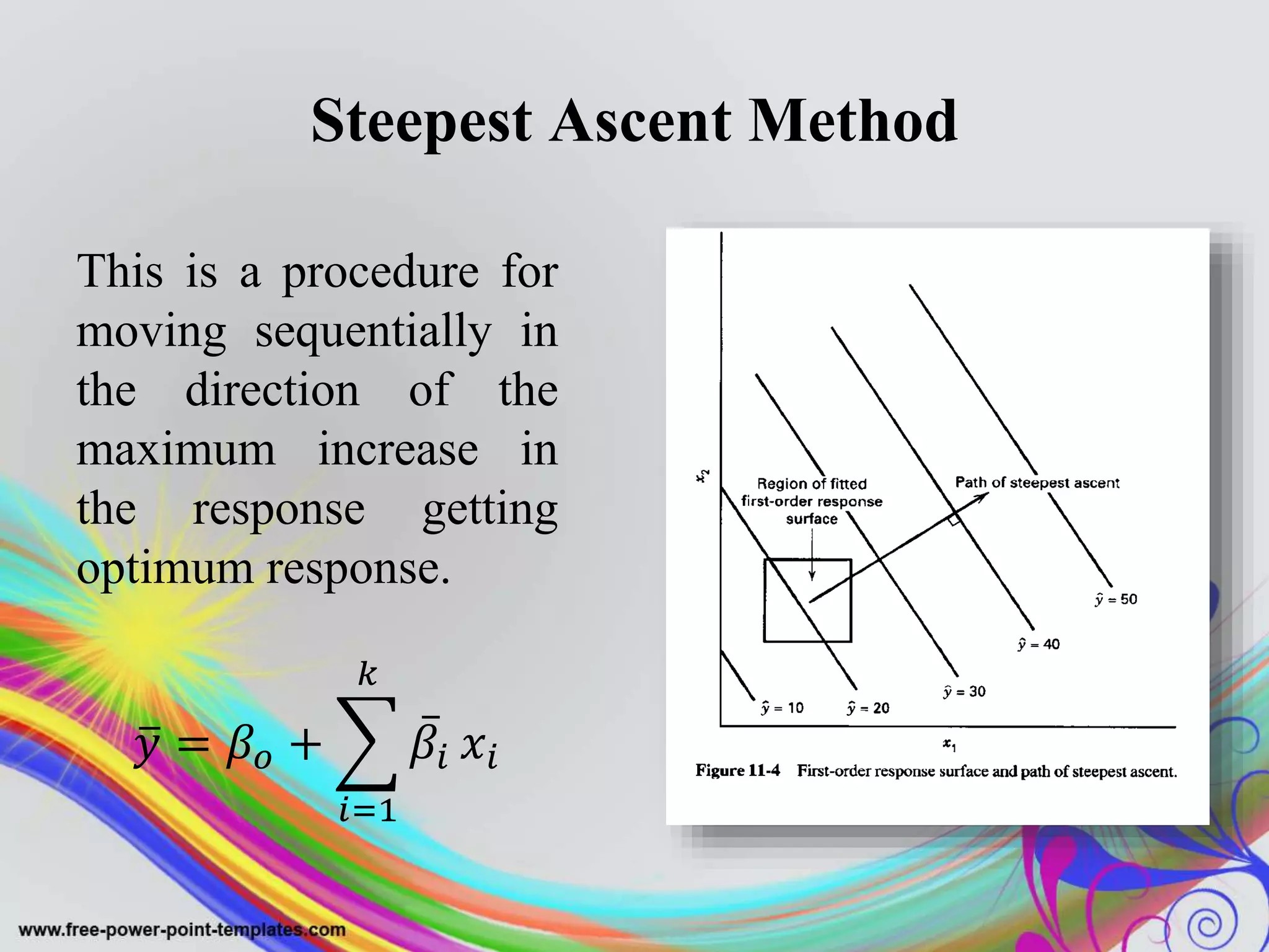 Steepest Ascent Method
This is a procedure for
moving sequentially in
the direction of the
maximum increase in
the response getting
optimum response.
𝑦 = 𝛽𝑜 +
𝑖=1
𝑘
𝛽𝑖 𝑥𝑖
 