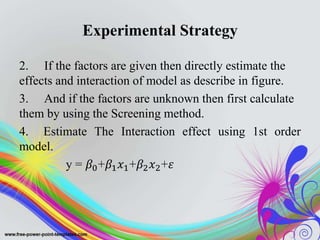 Experimental Strategy
2. If the factors are given then directly estimate the
effects and interaction of model as describe in figure.
3. And if the factors are unknown then first calculate
them by using the Screening method.
4. Estimate The Interaction effect using 1st order
model.
y = 𝛽0+𝛽1 𝑥1+𝛽2 𝑥2+𝜀
 