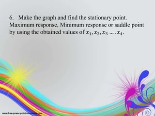 6. Make the graph and find the stationary point.
Maximum response, Minimum response or saddle point
by using the obtained values of 𝑥1, 𝑥2, 𝑥3 … . 𝑥4.
 