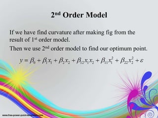 2nd Order Model
If we have find curvature after making fig from the
result of 1st order model.
Then we use 2nd order model to find our optimum point.
 