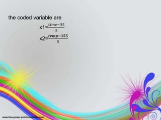 the coded variable are
x1=
𝑡𝑖𝑚𝑒−35
5
x2=
𝒕𝒆𝒎𝒑−𝟏𝟓𝟓
5
 