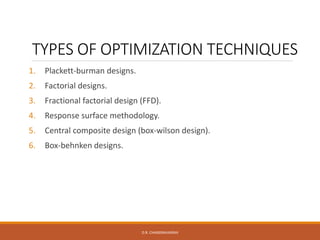 TYPES OF OPTIMIZATION TECHNIQUES
1. Plackett-burman designs.
2. Factorial designs.
3. Fractional factorial design (FFD).
4. Response surface methodology.
5. Central composite design (box-wilson design).
6. Box-behnken designs.
D.R. CHANDRAVANSHI
 