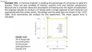 Internal Use
Example 14-6. A chemical engineer is studying the percentage of conversion or yield of a
process. There are two variables of interest, reaction time and reaction temperature.
Because she is uncertain about the assumption of linearity over the region of exploration,
the engineer decides to conduct a 22
design (with a single replicate of each factorial run)
augmented with five center points. The design and the yield data are shown in Fig. 14-27.
Table 14-22 summarizes the analysis for this experiment. The mean square error is
calculated from the center points as follows:
 
