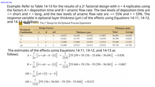 Internal Use
Example: Refer to Table 14-13 for the results of a 22
factorial design with n = 4 replicates using
the factors A = deposition time and B = arsenic flow rate. The two levels of deposition time are
= short and + = long, and the two levels of arsenic flow rate are = 55% and + = 59%. The
− −
response variable is epitaxial layer thickness (µm ) of the effects using Equations 14-11, 14-12,
and 14-13 as follows:
The estimates of the effects using Equations 14-11, 14-12, and 14-13 as
follows:
 
