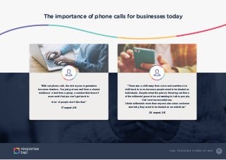 5C A L L T R A C K I N G C O M E S O F A G E
The importance of phone calls for businesses today
“There was a shift away from voice and now there’s a
shift back to voice because people want to be treated as
individuals. Despite what the press is throwing out there
of the millennial generation not wanting to talk to people,
that’s not necessarily true.
I think millennials more than anyone else value customer
centricity, they want to be treated as an individual.”
CX expert, UK
“Without phone calls, the risk is your organisation
becomes faceless. You just get an email from a shared
mailbox or a text from a group, a number that doesn’t
even exist that you can’t get back to.
A lot of people don’t like that.”
IT expert, UK
 