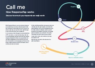 7C A L L T R A C K I N G C O M E S O F A G E
Call me
How ResponseTap works
Discover how much your keywords are really worth
Back to website direct
Dial the unique
number
Review site
PPC
Email
Organic
With ResponseTap, as soon as someone lands on
your website you can trace all subsequent visits
and calls back to that initial visit; you can see the
whole customer journey. First click, right through
to last click and every click in between.
So, if someone clicks through to your website from
a PPC ad, leaves, comes back two days later via
a social campaign and then calls from the number
uniquely displayed to them on your website, the
call will be attributed to both the PPC ad as the
first click and the social campaign as the last click.
If they visited numerous times in between, those
visits would also be tracked.
In fact, with ResponseTap, because we pass our
call data into Google Analytics and other 3rd
party platforms such as bid management tools,
it’s still possible to attribute calls to specific
keywords and manage those bids accordingly.
And we maintain our cookies for 12 months.
This means you don’t have to worry about
longer sales cycles and customer journeys;
we capture it all.
And now you can track call outcomes too,
with Smart Match.
 