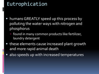Eutrophication	humans GREATLY speed up this process by polluting the water ways with nitrogen and phosphorus found in many common products like fertilizer, laundry detergentthese elements cause increased plant growth and more rapid animal deathalso speeds up with increased temperatures
