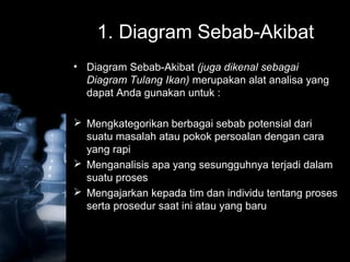 1. Diagram Sebab-Akibat
• Diagram Sebab-Akibat (juga dikenal sebagai
Diagram Tulang Ikan) merupakan alat analisa yang
dapat Anda gunakan untuk :
 Mengkategorikan berbagai sebab potensial dari
suatu masalah atau pokok persoalan dengan cara
yang rapi
 Menganalisis apa yang sesungguhnya terjadi dalam
suatu proses
 Mengajarkan kepada tim dan individu tentang proses
serta prosedur saat ini atau yang baru
 