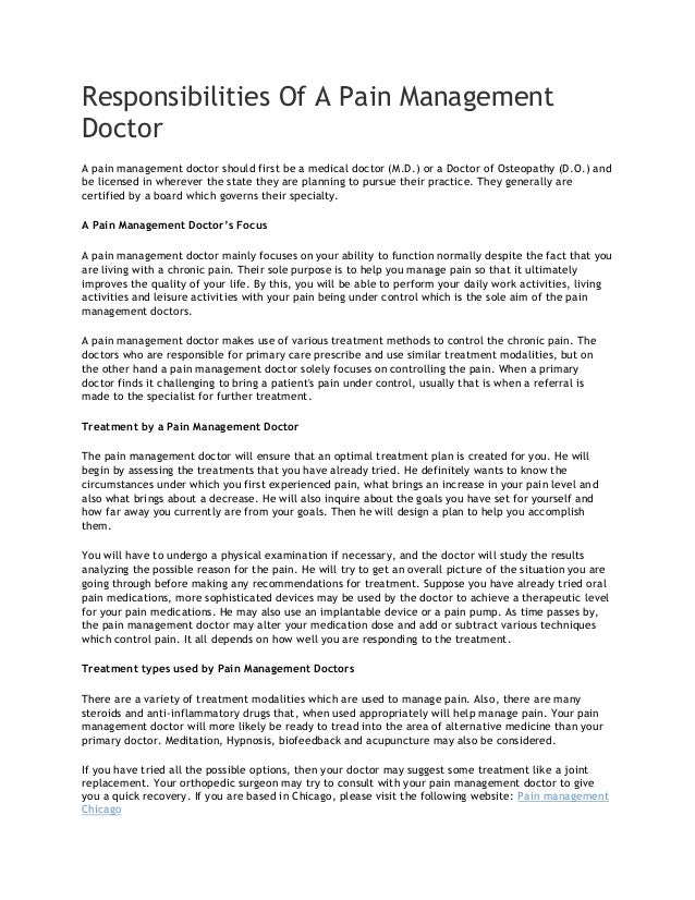 Responsibilities of a pain management doctor