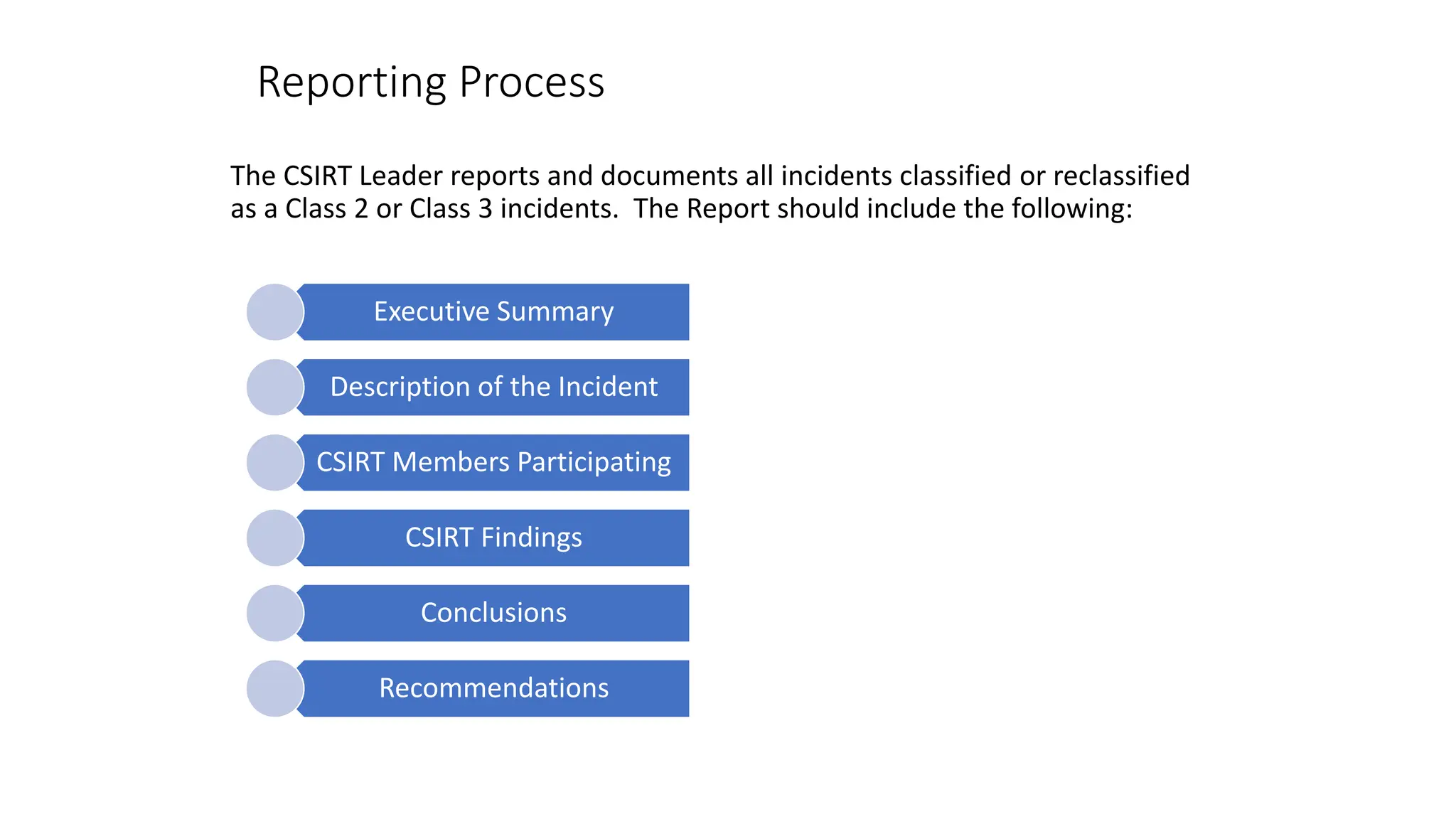 Reporting Process
The CSIRT Leader reports and documents all incidents classified or reclassified
as a Class 2 or Class 3 incidents. The Report should include the following:
Executive Summary
Description of the Incident
CSIRT Members Participating
CSIRT Findings
Conclusions
Recommendations
 