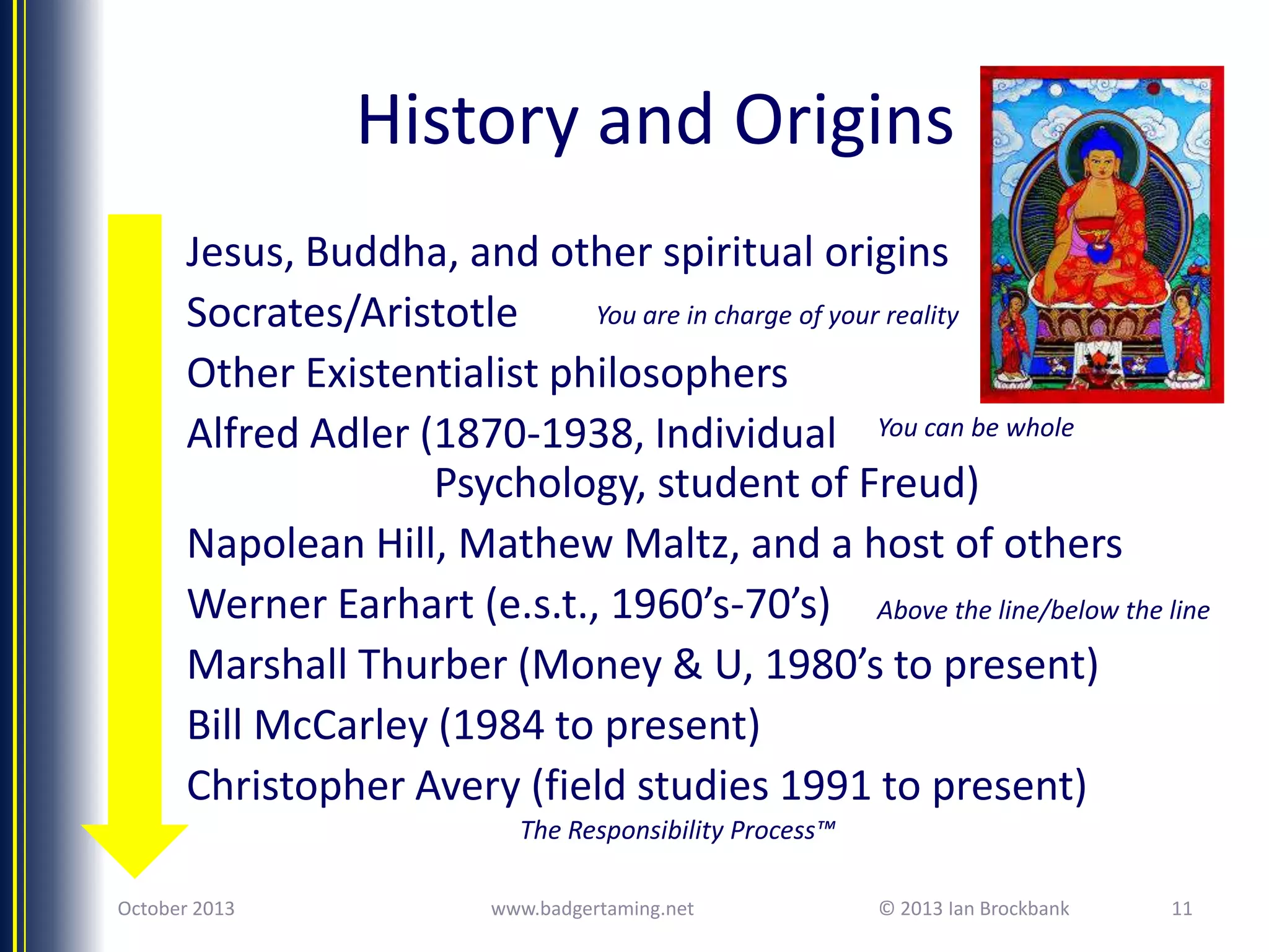 History and Origins
•
•
•
•

•
•
•
•
•

Jesus, Buddha, and other spiritual origins
You are in charge of your reality
Socrates/Aristotle
Other Existentialist philosophers
Alfred Adler (1870-1938, Individual You can be whole
Psychology, student of Freud)
Napolean Hill, Mathew Maltz, and a host of others
Werner Earhart (e.s.t., 1960’s-70’s) Above the line/below the line
Marshall Thurber (Money & U, 1980’s to present)
Bill McCarley (1984 to present)
Christopher Avery (field studies 1991 to present)
The Responsibility Process™

October 2013

www.badgertaming.net

© 2013 Ian Brockbank

11

 