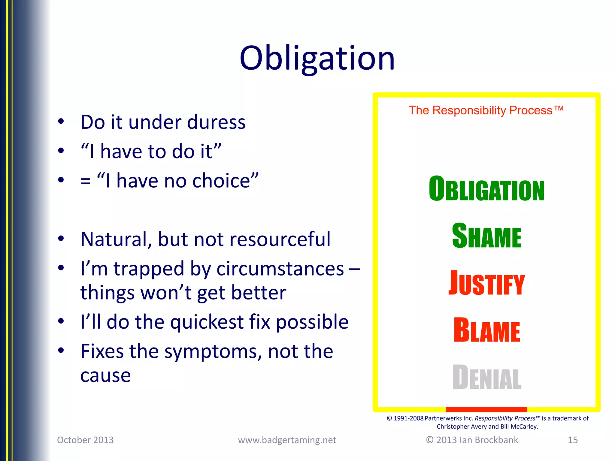 Obligation
• Do it under duress
• “I have to do it”
• = “I have no choice”
• Natural, but not resourceful
• I’m trapped by circumstances –
things won’t get better
• I’ll do the quickest fix possible
• Fixes the symptoms, not the
cause

The Responsibility Process™

OBLIGATION
SHAME
JUSTIFY

BLAME
DENIAL
© 1991-2008 Partnerwerks Inc. Responsibility Process™ is a trademark of
Christopher Avery and Bill McCarley.

October 2013

www.badgertaming.net

© 2013 Ian Brockbank

15

 