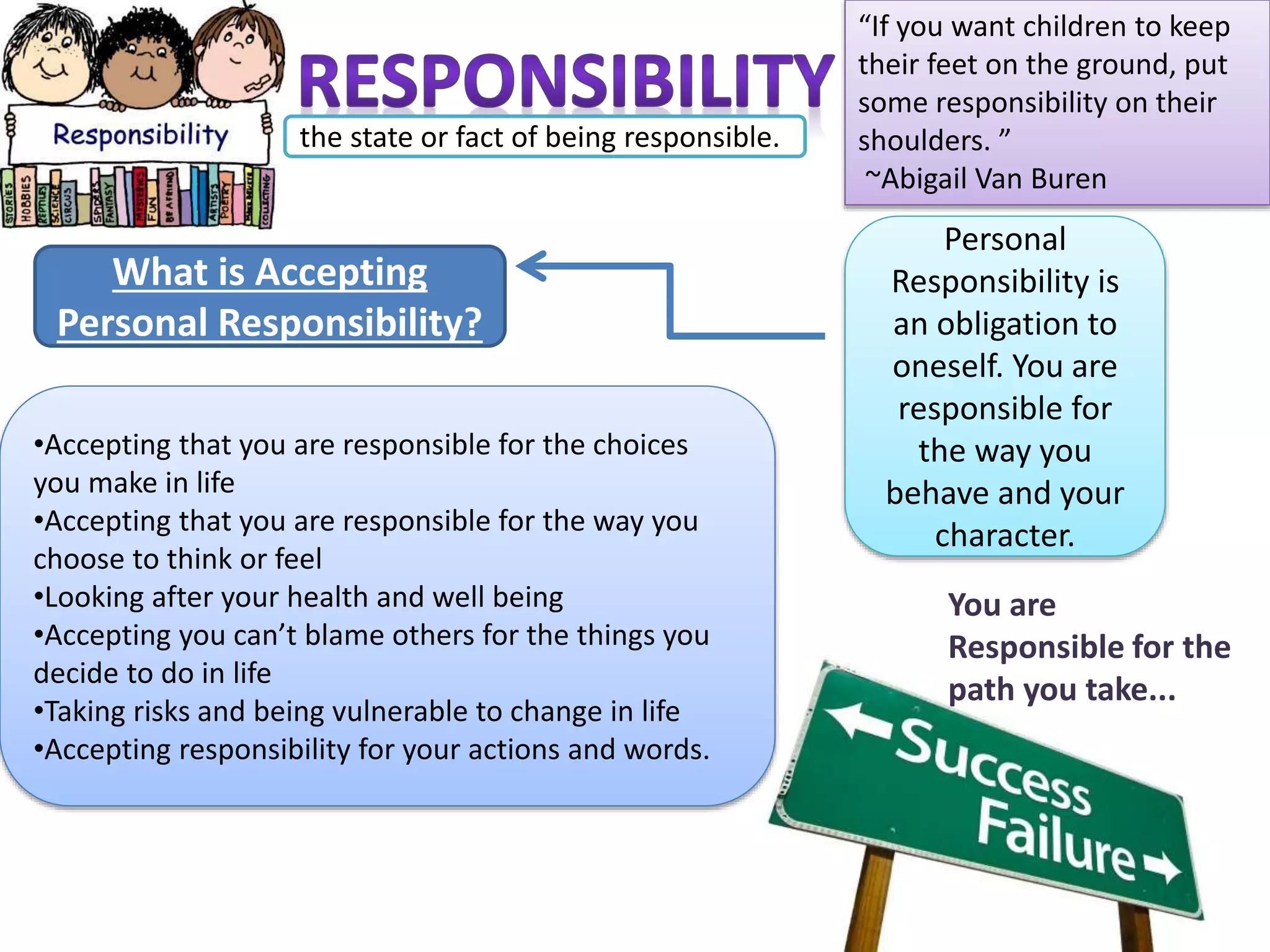 “If you want children to keep
their feet on the ground, put
some responsibility on their
shoulders. ”
~Abigail Van Buren
What is Accepting
Personal Responsibility?
•Accepting that you are responsible for the choices
you make in life
•Accepting that you are responsible for the way you
choose to think or feel
•Looking after your health and well being
•Accepting you can’t blame others for the things you
decide to do in life
•Taking risks and being vulnerable to change in life
•Accepting responsibility for your actions and words.
the state or fact of being responsible.
Personal
Responsibility is
an obligation to
oneself. You are
responsible for
the way you
behave and your
character.
You are
Responsible for the
path you take...
 